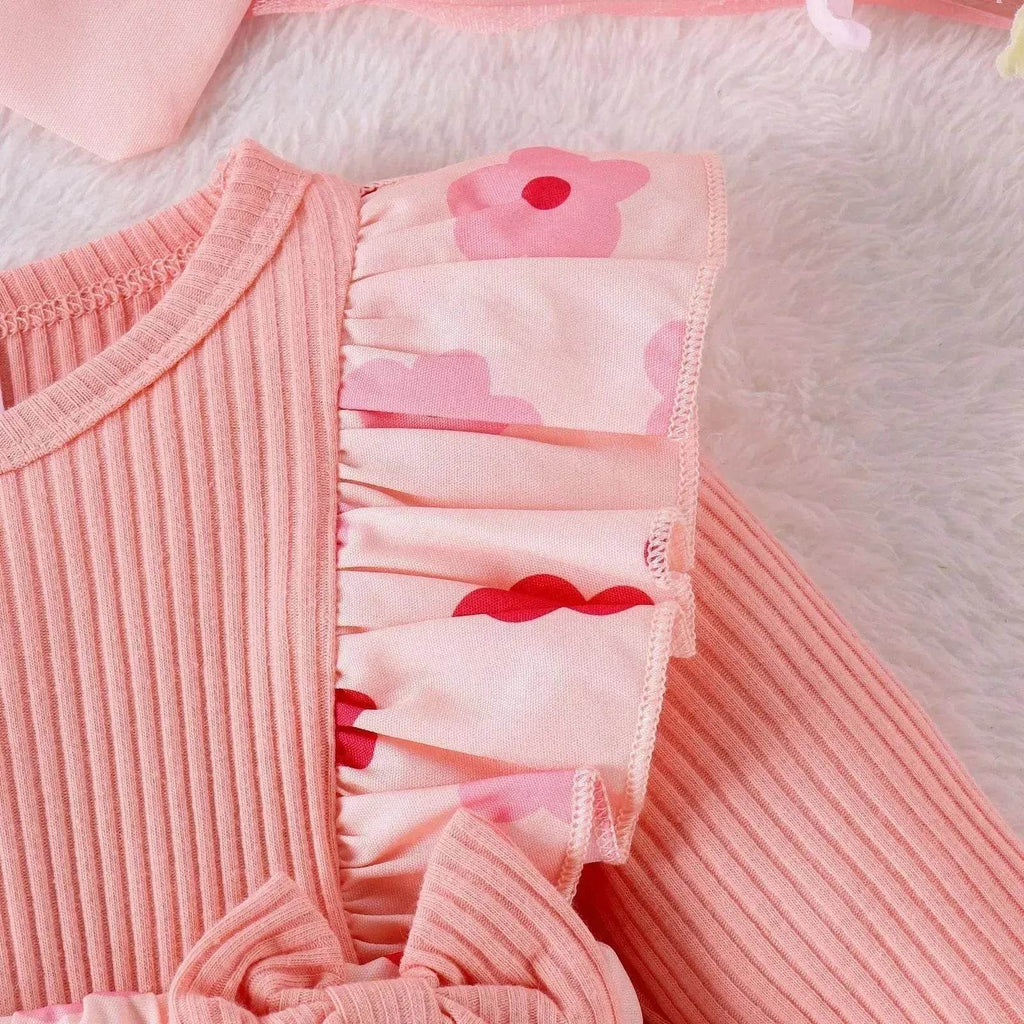 One-piece Romper Pants Bow Headdress Suit Baby girl casual pink romper with head bowtie - www.Shopthatapp.com