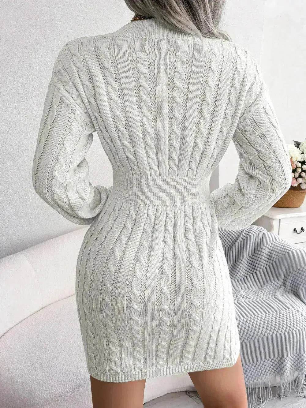 Solid Color V-Neck Long Sleeve Slim fit Winter Knit Mini  sweater Dress Slim - www.Shopthatapp.com