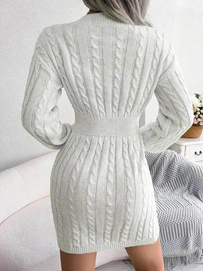 Solid Color V-Neck Long Sleeve Slim fit Winter Knit Mini  sweater Dress Slim - www.Shopthatapp.com