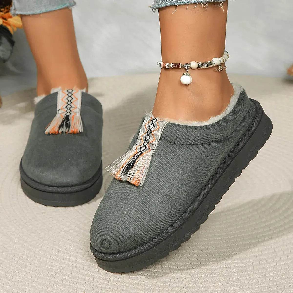 Winter Plush Home Slippers Fashion Round Toe Flat Suede Garden Shoes Indoor Warm Floor Bedroom Slipper For Women - www.Shopthatapp.com