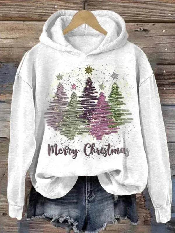 Round Neck Hooded Long Sleeve Four Christmas Trees Loose Hoodie Sweatshirt - www.Shopthatapp.com