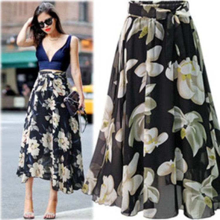 Women Formal Work Office High Waist Floral Midi Big Swing Chiffon Skirt - www.Shopthatapp.com