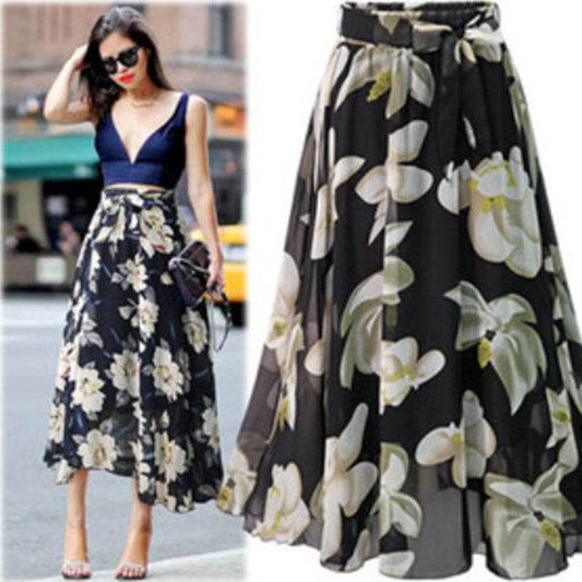 Women Formal Work Office High Waist Floral Midi Big Swing Chiffon Skirt - www.Shopthatapp.com
