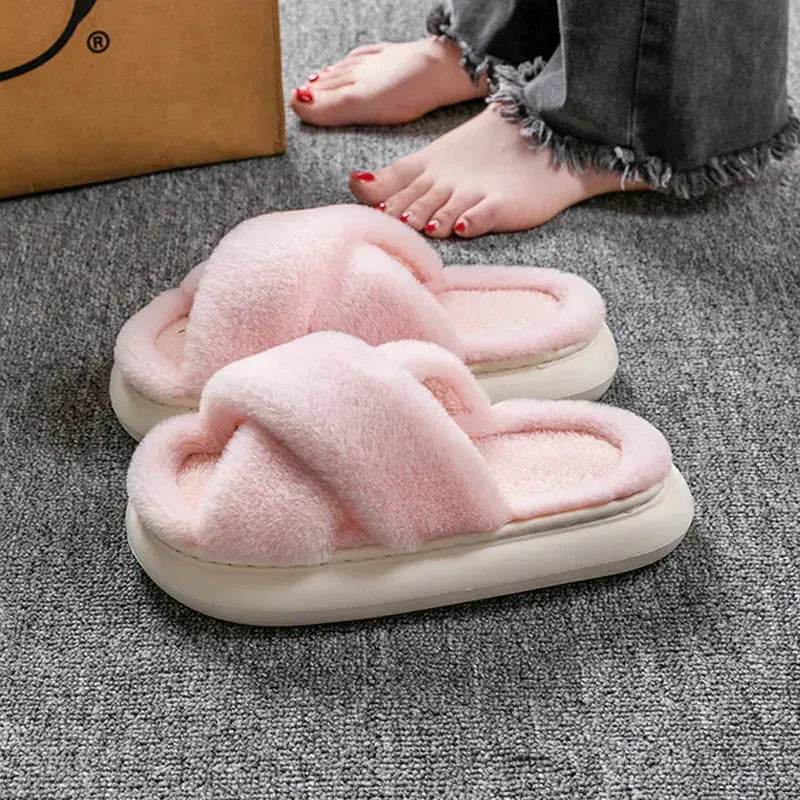 Women's Platform Fuzzy Home Slippers Winter Open Toe Criss-cross Solid Color Casual Floor Slides Indoor Flat Comfy House Shoes - www.Shopthatapp.com
