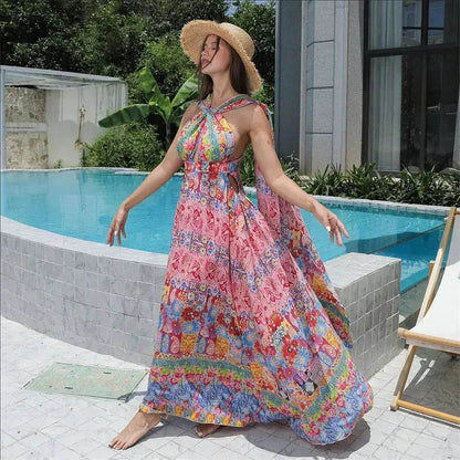Casual Women's Floral Style Large Hem Cross Open Back Dress - www.Shopthatapp.com