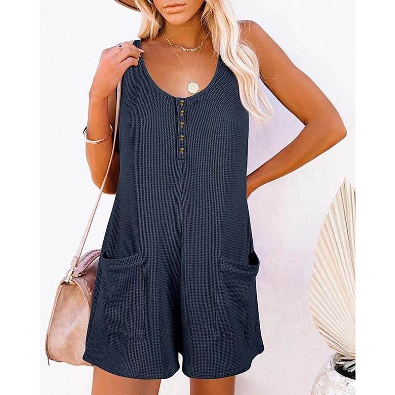 Women's Button Front Romper Jumpsuit With Pockets Casual Solid Color Sleeveless Summer Jumpsuit - www.Shopthatapp.com