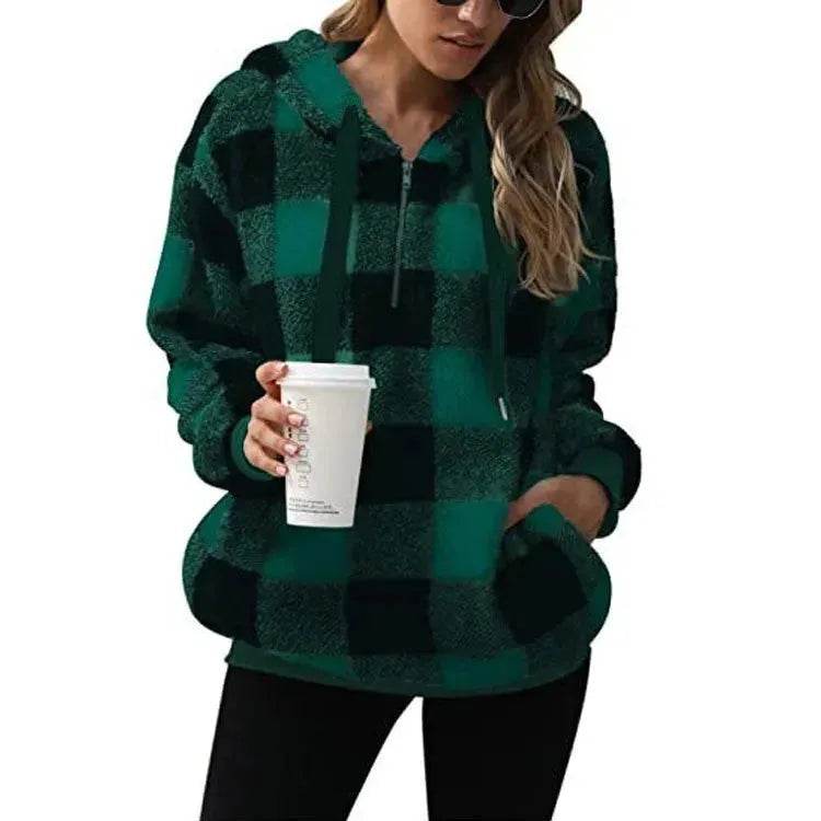 Casual Thick Fleece Plush half zip Plaid Hoodie Pullover top for women - www.Shopthatapp.com