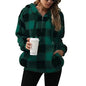 Casual Thick Fleece Plush half zip Plaid Hoodie Pullover top for women - www.Shopthatapp.com