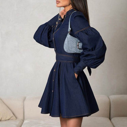 Classy Fashion Lantern Sleeve Button down Denim Shirt flared Mini Dress - www.Shopthatapp.com