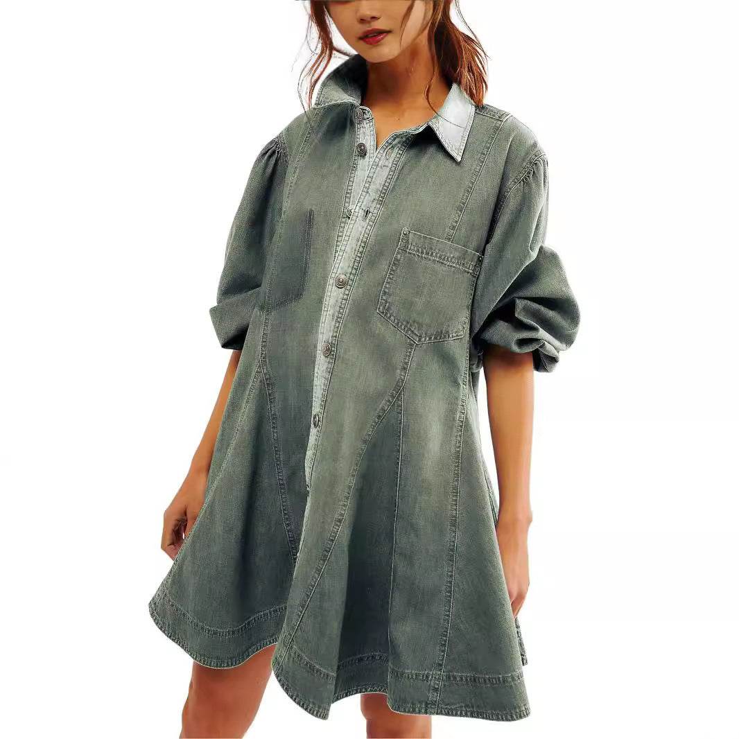 Women's Long Lantern Sleeve Button Denim Dress - www.Shopthatapp.com