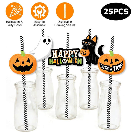 Set Of 25Pcs Halloween Party Striped Decorative Straws Disposable Drinking Straws Paper Straw Decor Happy Halloween Ghost Lantern Black Cat Halloween Party Supplies - www.Shopthatapp.com