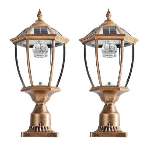 Vintage Gold Solar Pillar Headlight With Dimmable LED-2 Pack Landscape Pathway Light - www.Shopthatapp.com