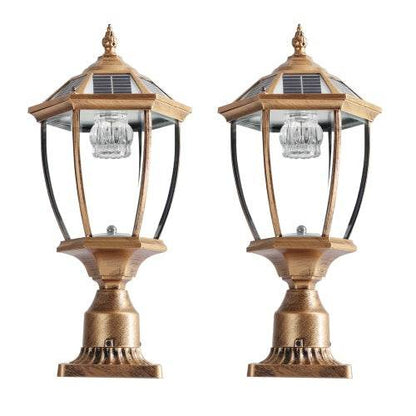 Vintage Gold Solar Pillar Headlight With Dimmable LED-2 Pack Landscape Pathway Light - www.Shopthatapp.com