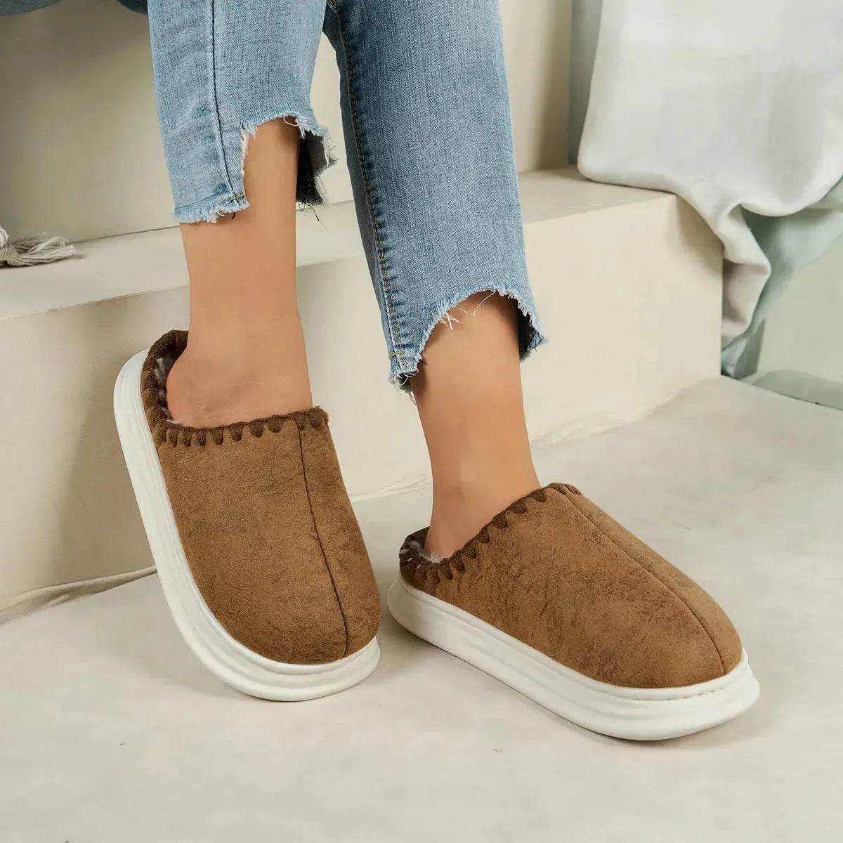 Winter Fashion Cotton Slippers With Sewing-side Design Indoor Non-slip Bedroom Floor Plush Slipper House Shoes Women Couple - www.Shopthatapp.com