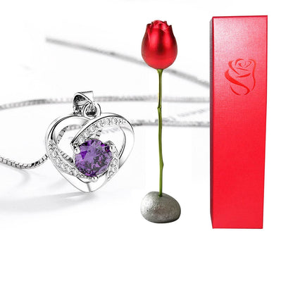 Valentines Day Gift Heart Shaped Blue Purple Crystal Diamond Pendant Rose Head Necklace - www.Shopthatapp.com