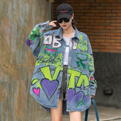 Oversized Graffiti Print Denim Jacket Women Loose Fried Street fashion - www.Shopthatapp.com