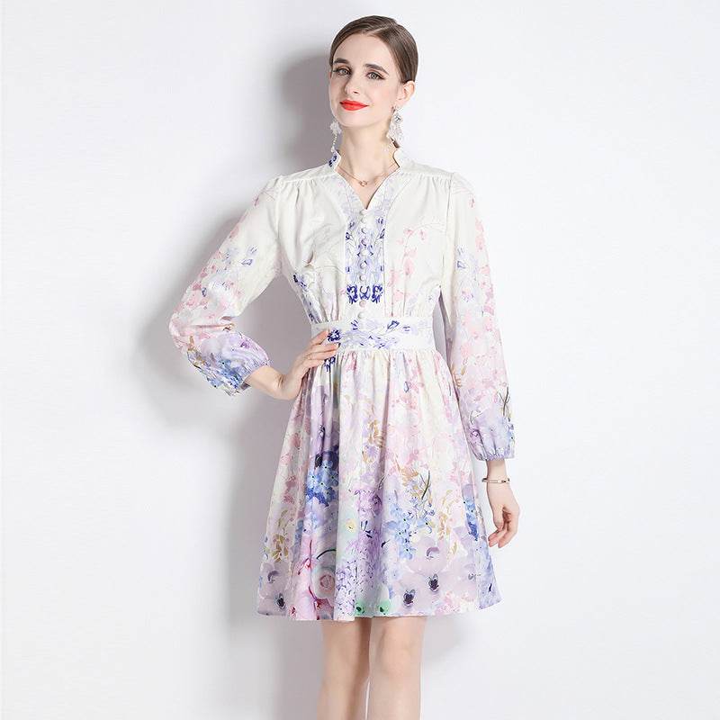 Elegant V-neck Vintage Floral Print Long Sleeves Dress Spring - www.Shopthatapp.com
