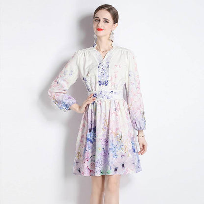Elegant V-neck Vintage Floral Print Long Sleeves Dress Spring - www.Shopthatapp.com