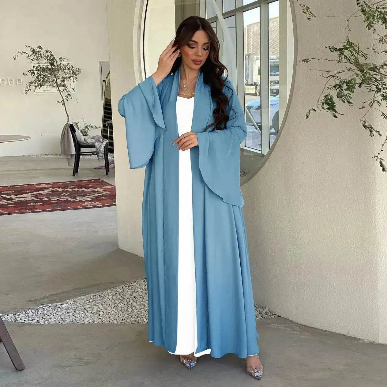 Abaya two piece set Elegant Satin  Plain Color Abaya Kimono Open front Abaya Dubai Abaya wear for Middle East Women - www.Shopthatapp.com