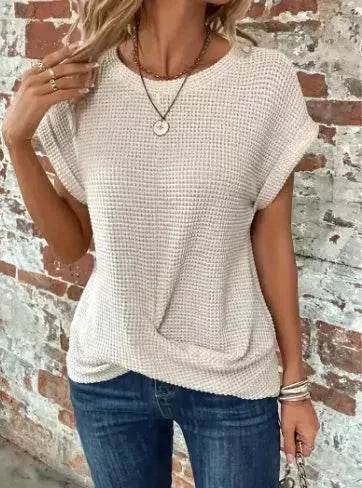 Casual Summer Short-sleeved Waffle blouse Top Summer New Solid Color Casual Evening Top For Women - www.Shopthatapp.com