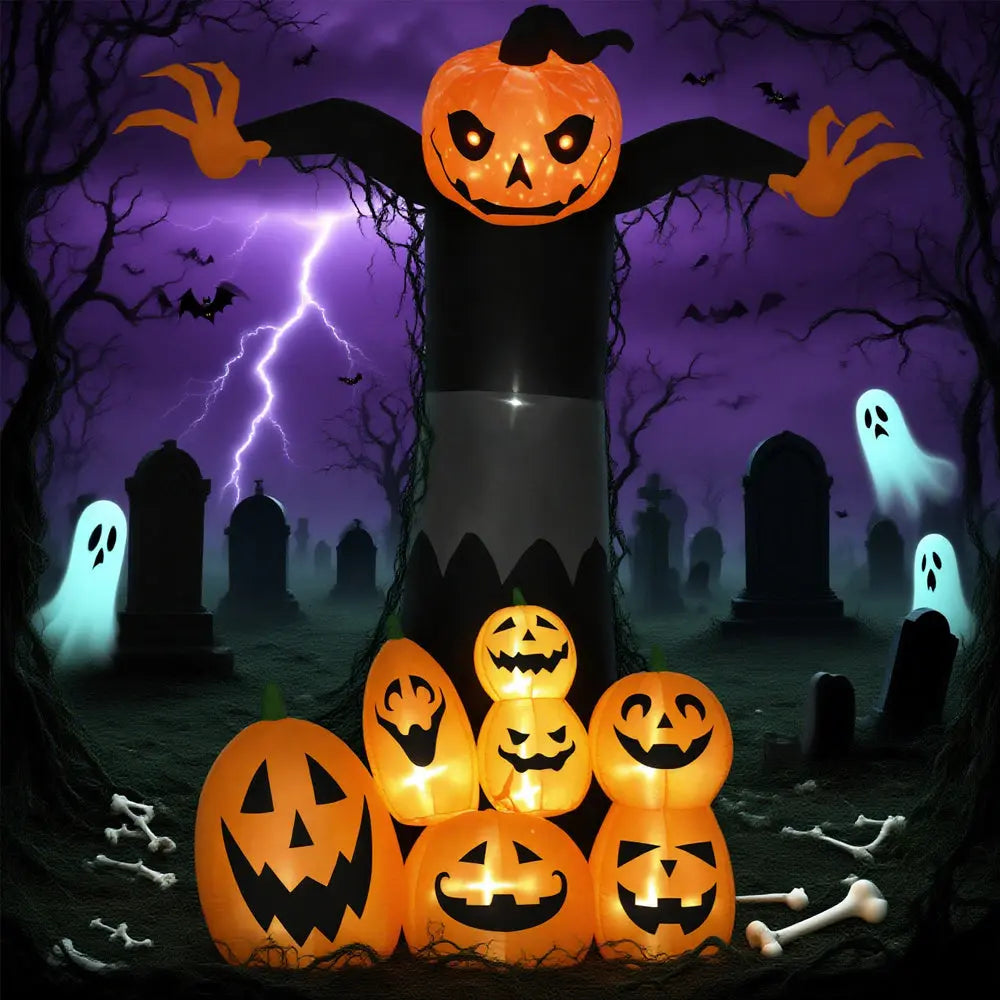 9ft Halloween Inflatables Outdoor Decorations, Pumpkin Ghost With Pumpkin Patch, Outdoor Giant Blow Up Yard Decor With Build-in LED For Garden, Lawn, Party, Holiday - www.Shopthatapp.com #