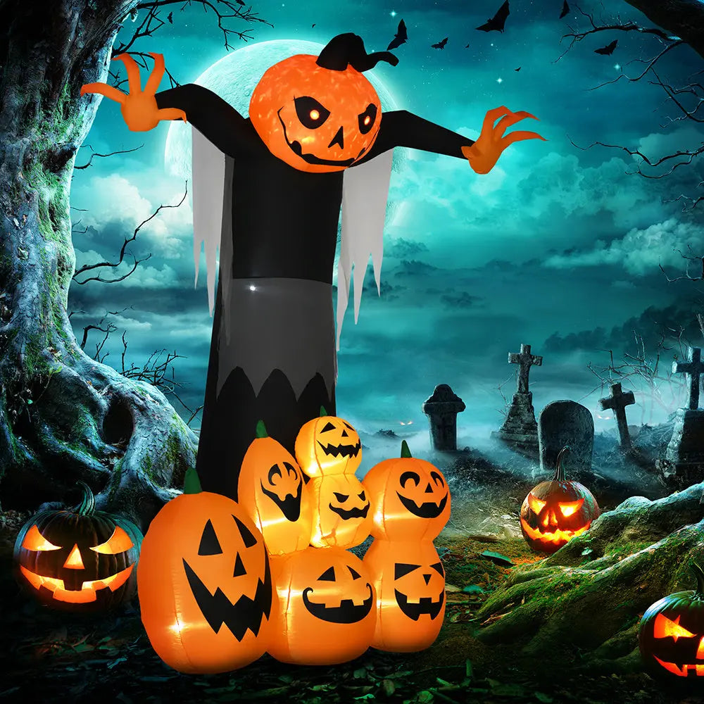 9ft Halloween Inflatables Outdoor Decorations, Pumpkin Ghost With Pumpkin Patch, Outdoor Giant Blow Up Yard Decor With Build-in LED For Garden, Lawn, Party, Holiday - www.Shopthatapp.com