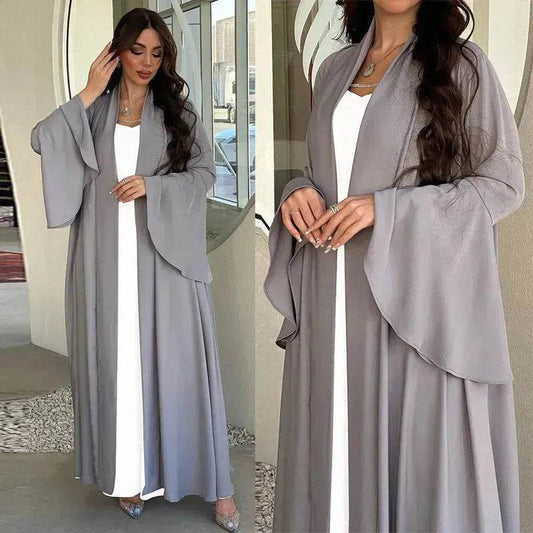 Abaya two piece set Elegant Satin  Plain Color Abaya Kimono Open front Abaya Dubai Abaya wear for Middle East Women - www.Shopthatapp.com #