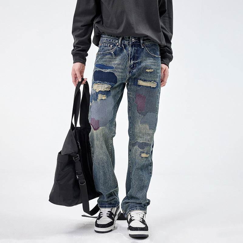 American Style Loose Broken Patch Straight Retro Denim Jeans pant Trousers Men - www.Shopthatapp.com #