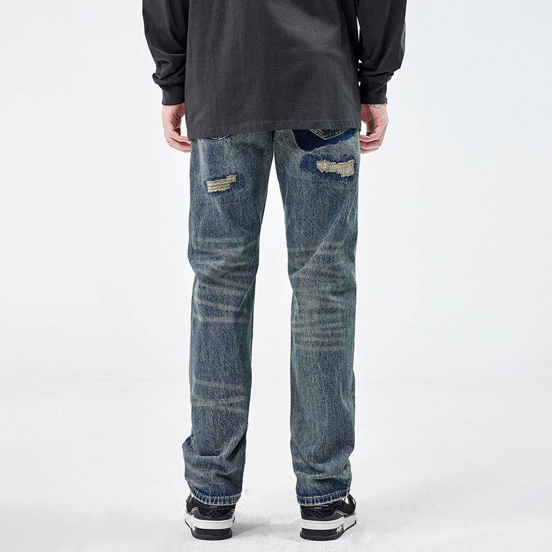 American Style Loose Broken Patch Straight Retro Denim Jeans pant Trousers Men - www.Shopthatapp.com #