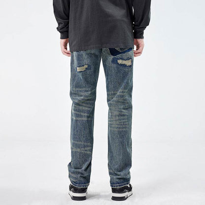 American Style Loose Broken Patch Straight Retro Denim Jeans pant Trousers Men - www.Shopthatapp.com #