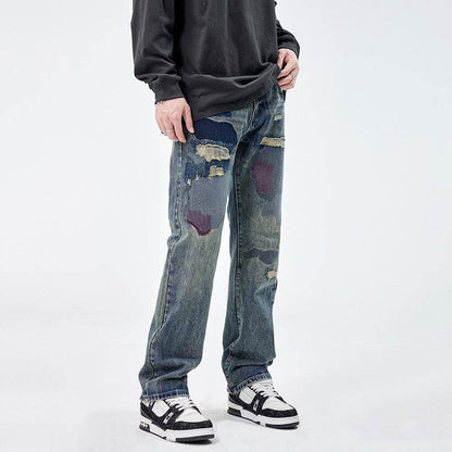 American Style Loose Broken Patch Straight Retro Denim Jeans pant Trousers Men - www.Shopthatapp.com #