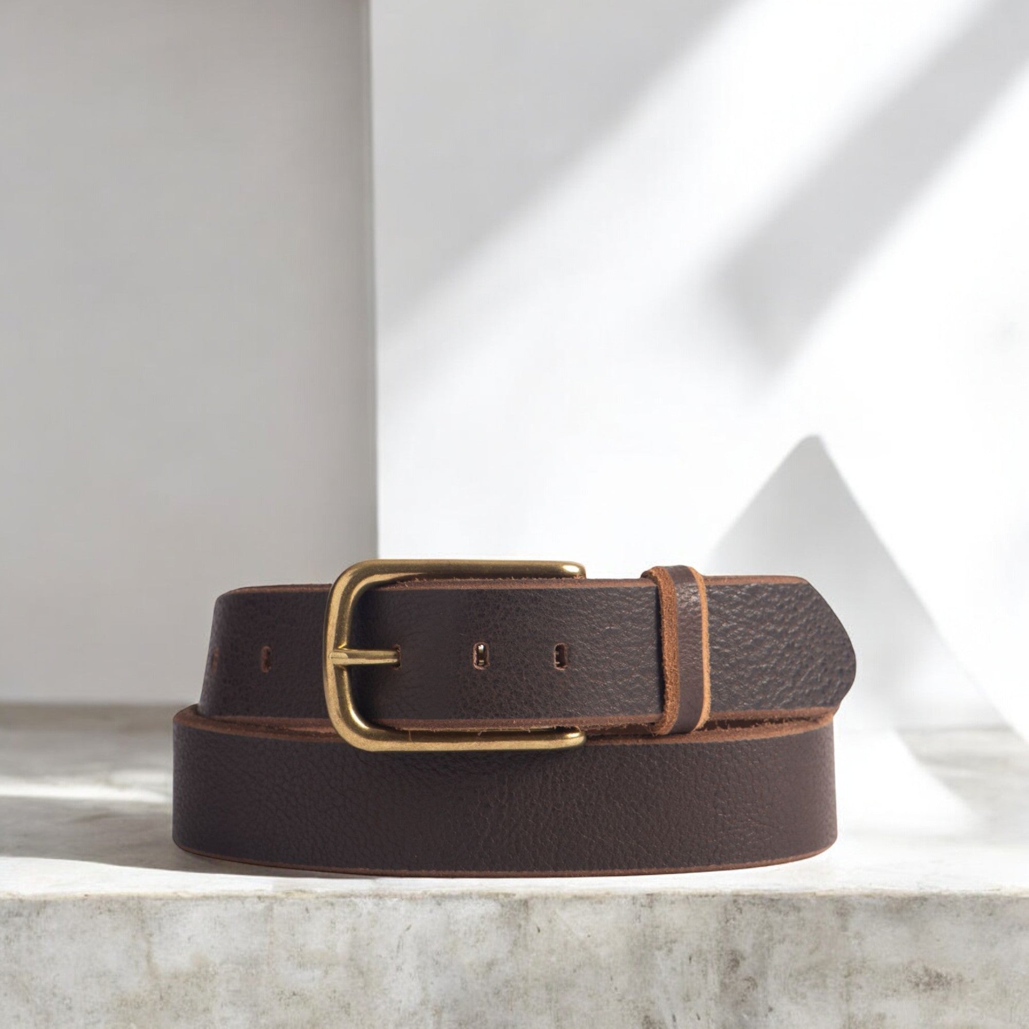 Aria - Brown Leather Dress Belt with Elongated Gold Buckle - Made in Canada - www.Shopthatapp.com #