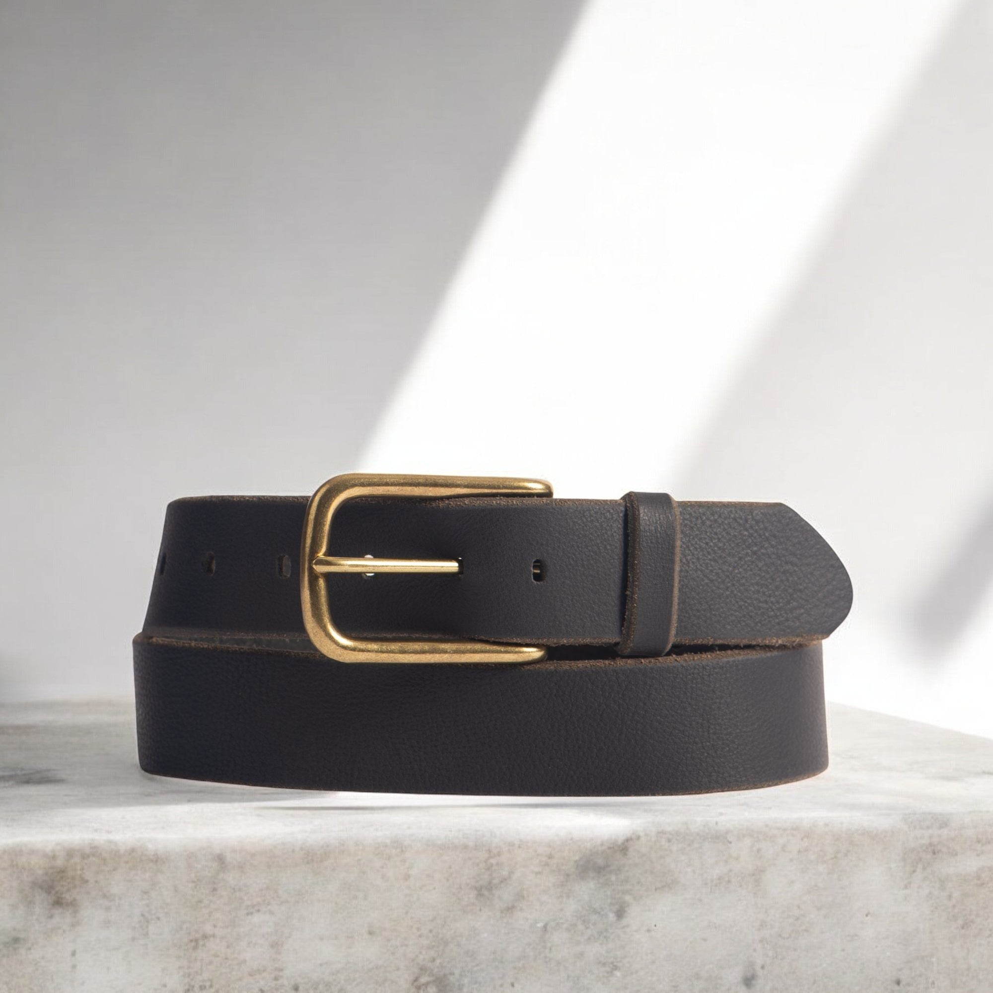 Aria - Brown Leather Dress Belt with Elongated Gold Buckle - Made in Canada - www.Shopthatapp.com #