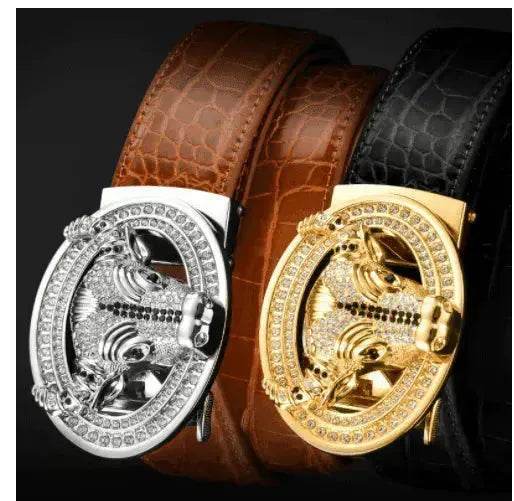Automatic Buckle  Leather With Diamond-studded  Pattern Bull Head Belt - www.Shopthatapp.com