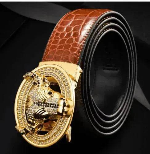 Automatic Buckle  Leather With Diamond-studded  Pattern Bull Head Belt - www.Shopthatapp.com