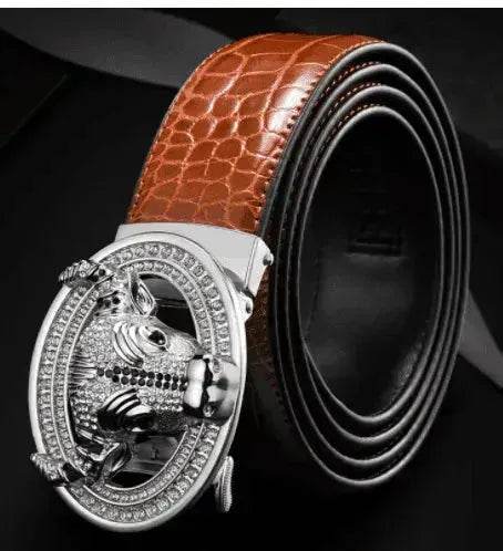Automatic Buckle  Leather With Diamond-studded  Pattern Bull Head Belt - www.Shopthatapp.com