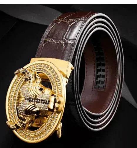 Automatic Buckle  Leather With Diamond-studded  Pattern Bull Head Belt - www.Shopthatapp.com