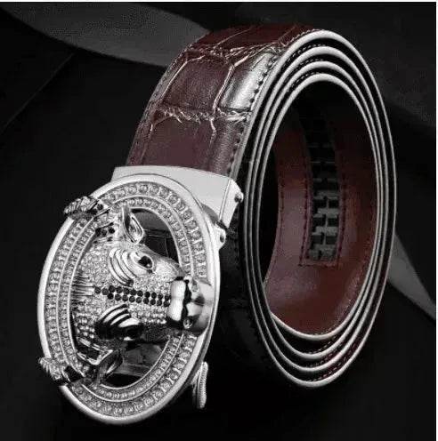 Automatic Buckle  Leather With Diamond-studded  Pattern Bull Head Belt - www.Shopthatapp.com