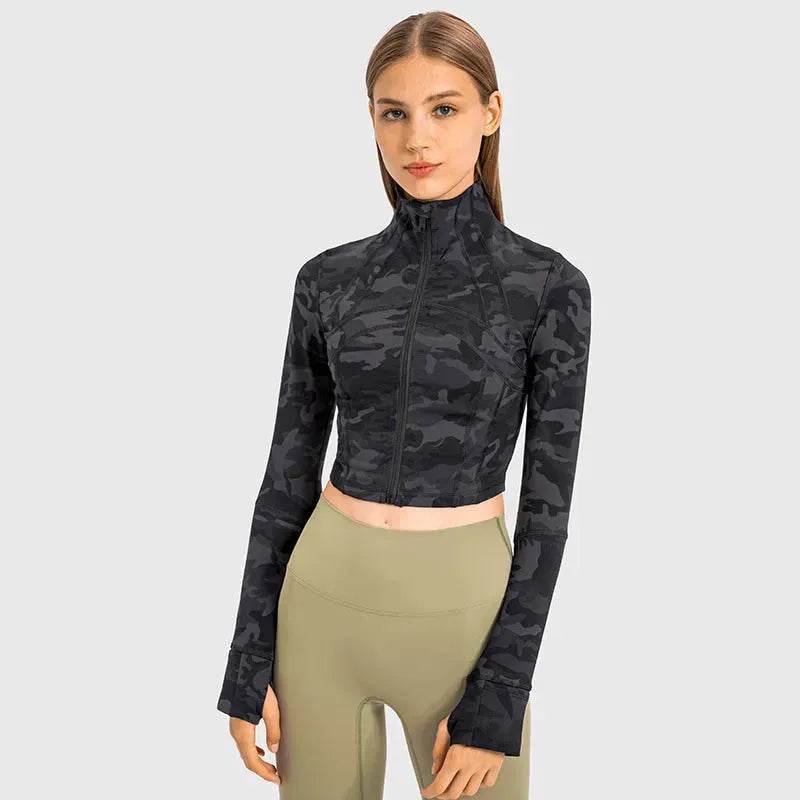 Autumn And Winter New Elastic Slim-fit High neck Zip Up Yoga crop top - www.Shopthatapp.com #