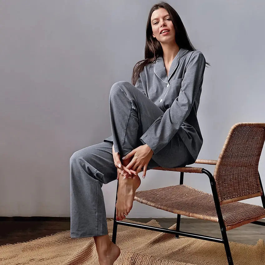 Autumn New French Simplicity Comfortable Thermal Knitting Cotton Silk Long-sleeved Pajamas For Women - www.Shopthatapp.com