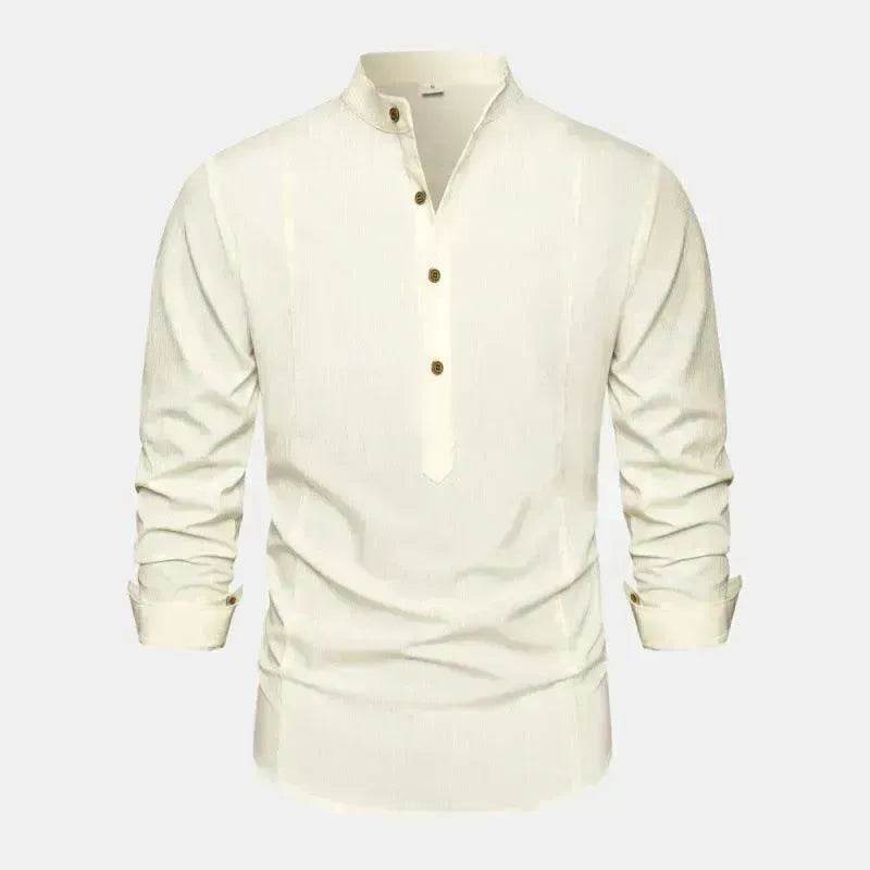 Autumn Solid Color Stand Collar Casual Long Sleeve Cotton And Linen Men's Shirt - www.Shopthatapp.com #