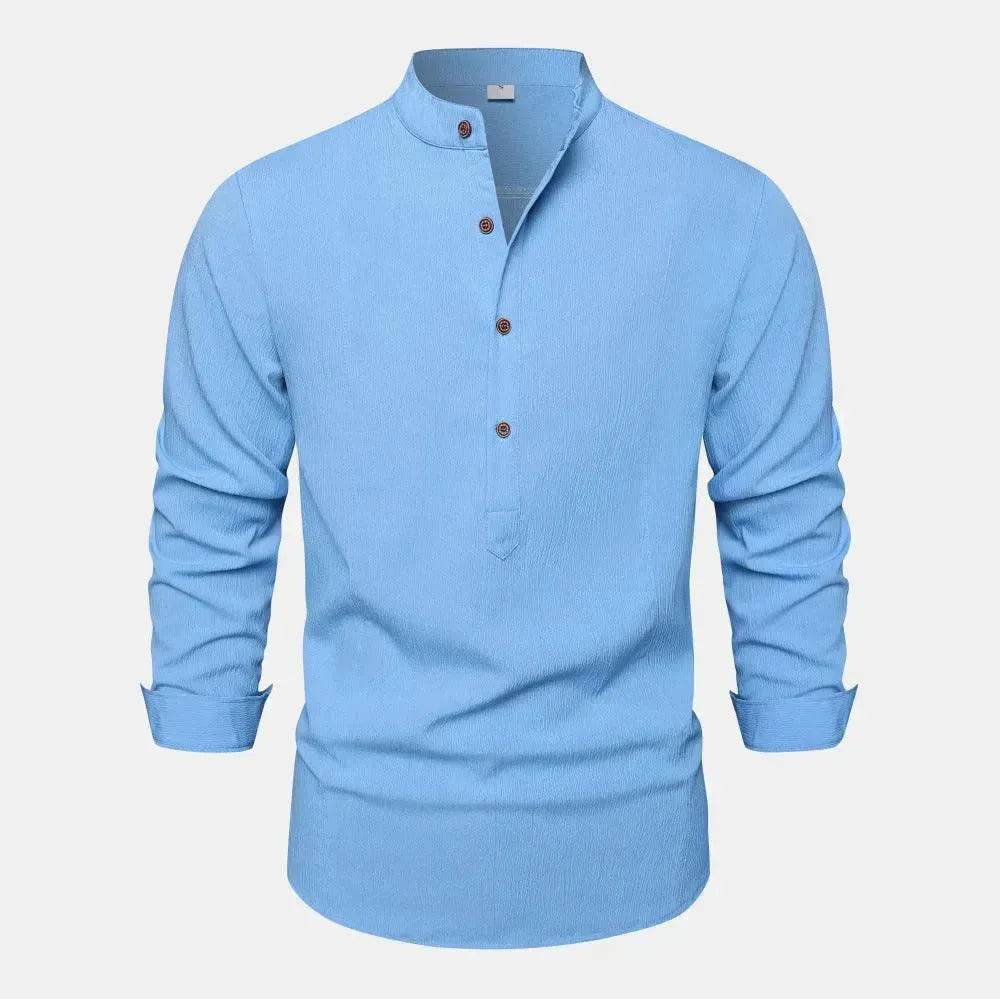 Autumn Solid Color Stand Collar Casual Long Sleeve Cotton And Linen Men's Shirt - www.Shopthatapp.com #