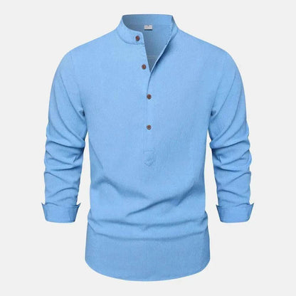 Autumn Solid Color Stand Collar Casual Long Sleeve Cotton And Linen Men's Shirt - www.Shopthatapp.com #