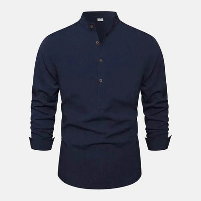 Autumn Solid Color Stand Collar Casual Long Sleeve Cotton And Linen Men's Shirt - www.Shopthatapp.com #
