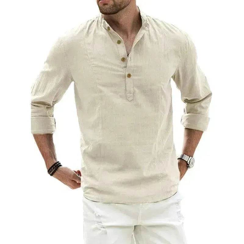 Autumn Solid Color Stand Collar Casual Long Sleeve Cotton And Linen Men's Shirt - www.Shopthatapp.com #