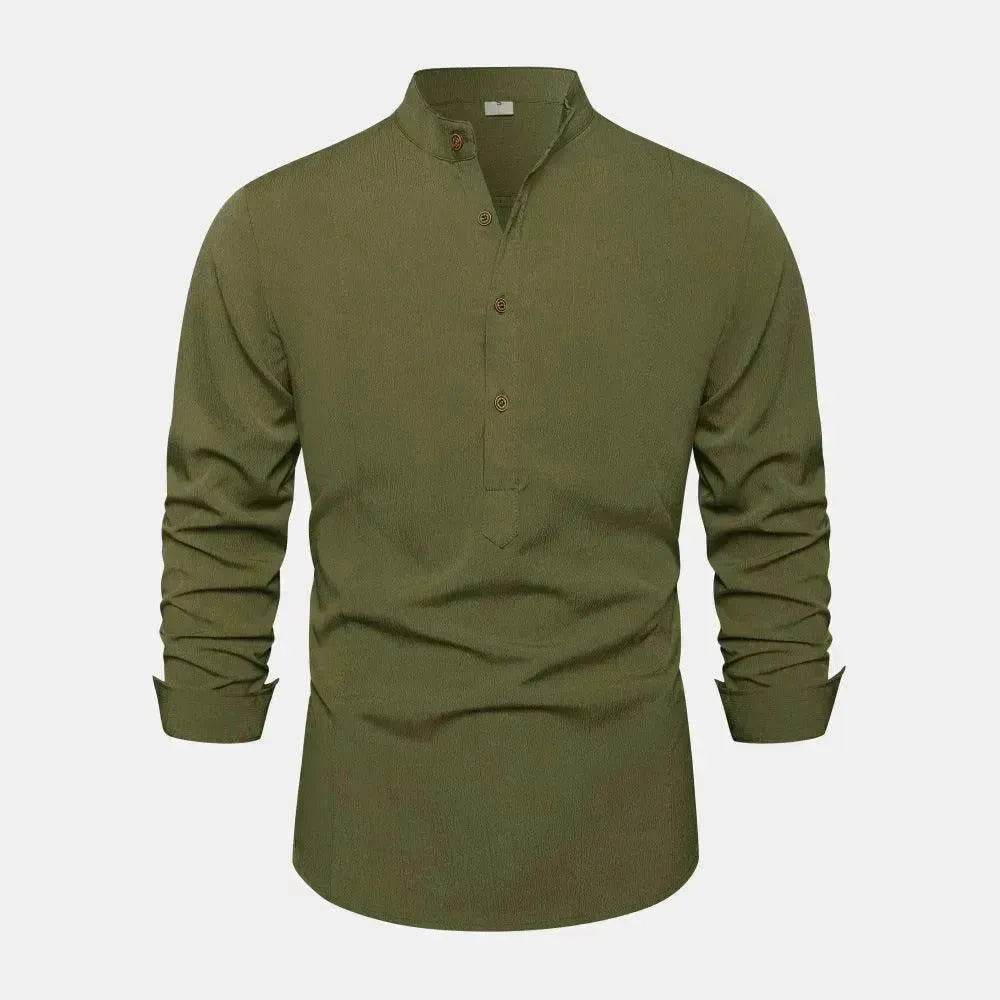 Autumn Solid Color Stand Collar Casual Long Sleeve Cotton And Linen Men's Shirt - www.Shopthatapp.com #
