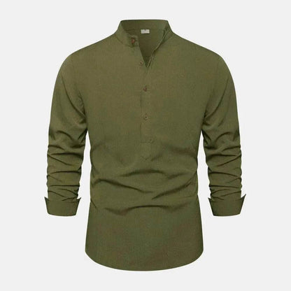 Autumn Solid Color Stand Collar Casual Long Sleeve Cotton And Linen Men's Shirt - www.Shopthatapp.com #