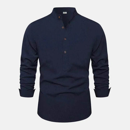 Autumn Solid Color Stand Collar Casual Long Sleeve Cotton And Linen Men's Shirt - www.Shopthatapp.com #
