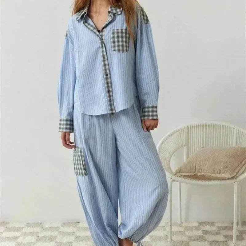 Autumn Women's Clothing Casual Homewear Plaid Shirt Outfit - www.Shopthatapp.com