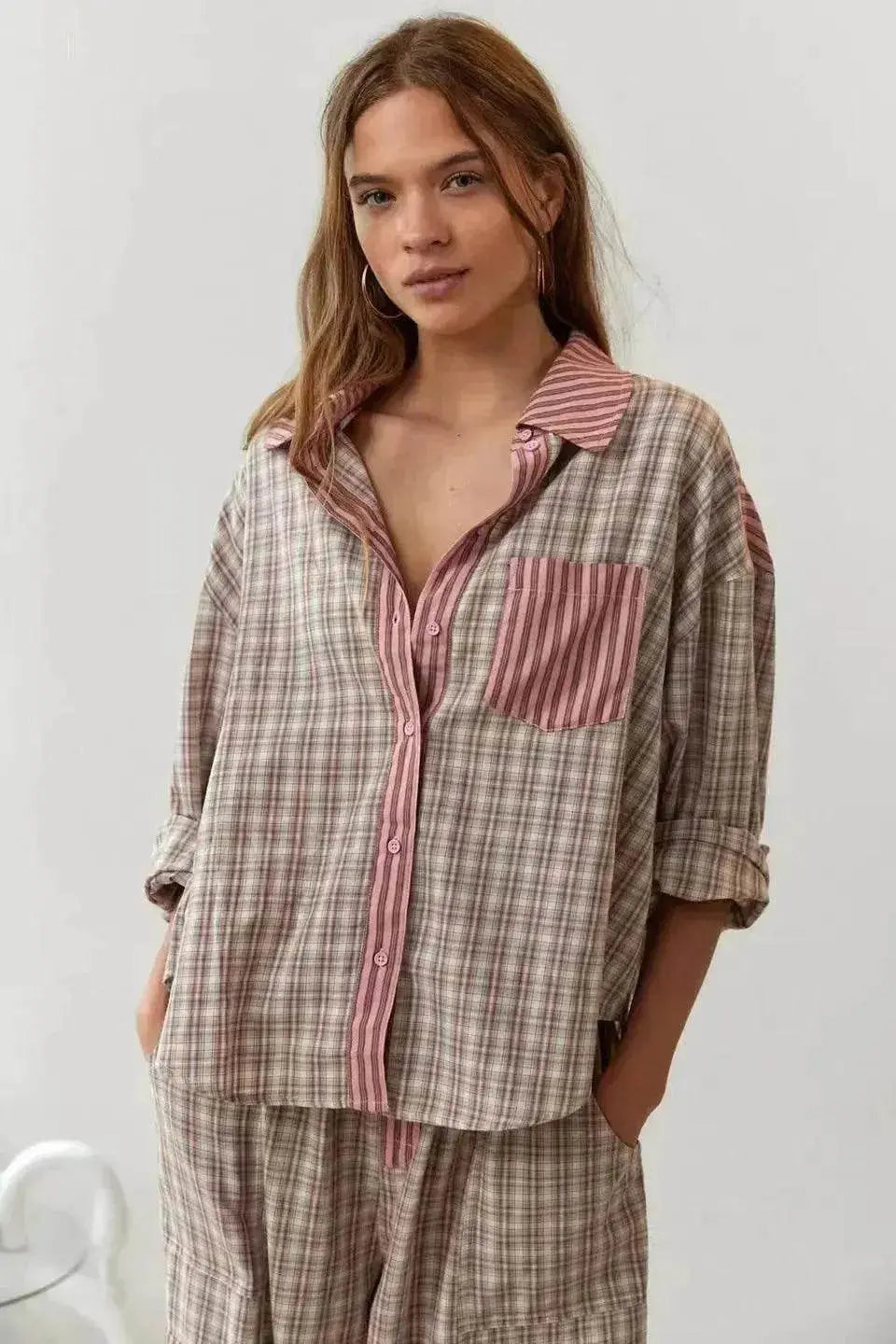 Autumn Women's Clothing Casual Homewear Plaid Shirt Outfit - www.Shopthatapp.com